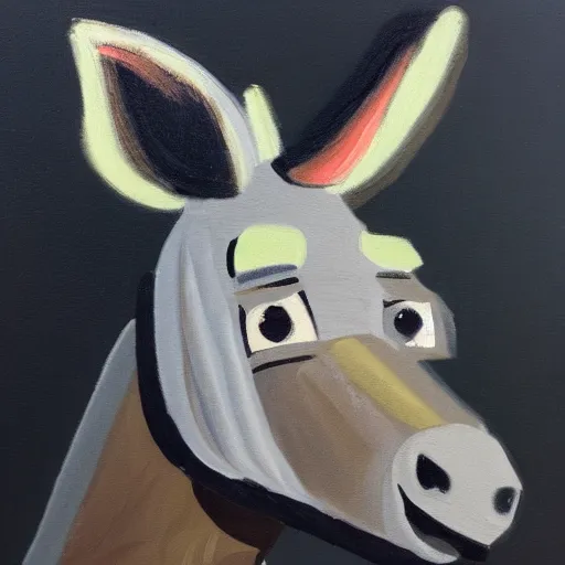 Prompt: donkey wearing a hoodie using a laptop in a dark room, oil on canvas