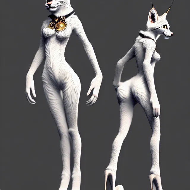 Image similar to the full body of anthropomorphic lynx fursona from behind wearing a steampunk suit as unimaginably beautiful, gorgeous, elegant, young woman with lynx head, an ultrafine hyperdetailed illustration by furaffinity, intricate linework, white fur, unreal engine 5 highly rendered, global illumination, radiant light, detailed and intricate environment