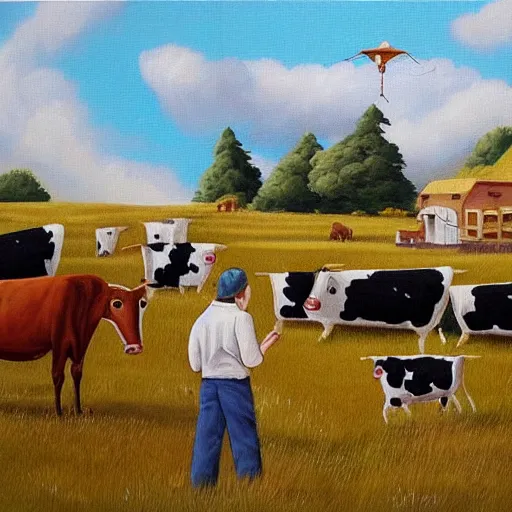 Image similar to a ufo stealing cows, painting