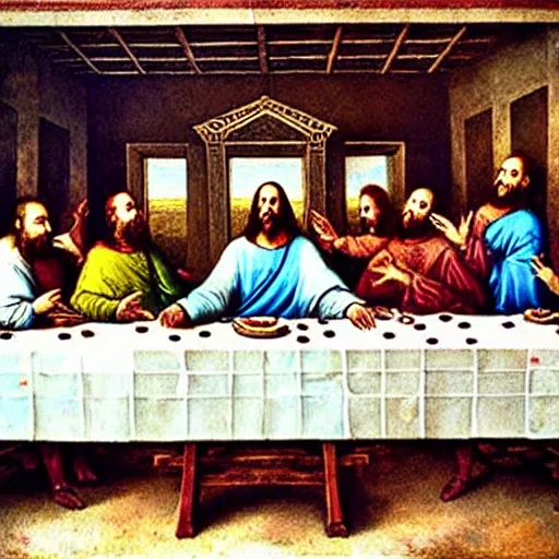 Image similar to nic cage in the last supper as painted by da vinci