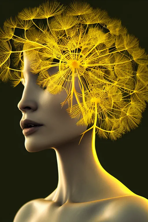 Image similar to intricate hyper detailed ultra sharp 3 d render of profile portrait, dark witch, leaves stems, unsplash model transparent fractal dandelion, moon in the background, yellow pistil filigree roots, intricate details, human face, facial features, elegant, hyper realistic, ultra detailed, octane render, volumetric cinematic lighting, 8 k post - production