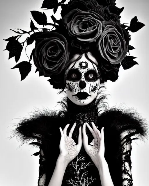 Image similar to dark surreal poetic black and white photo of a beautiful young silver bio-mechanical-female-vegetal-cyborg with a fur metal fine lace face, a very long neck and a fine metal floral foliage super big gothic lace collar and very high big floral crown with many black dry roses by Vivienne Westwood:: smoke, high fashion, haute couture, rococo, avant-garde, silver filigree details, anatomical, facial muscles, cable wires, microchip, elegant, dreamy, foggy atmosphere, hyper realistic, 150 mm lens, soft rim light, octane render, unreal engine, picture was taken in 1910 by Man Ray, volumetric lighting, dramatic light,8k,