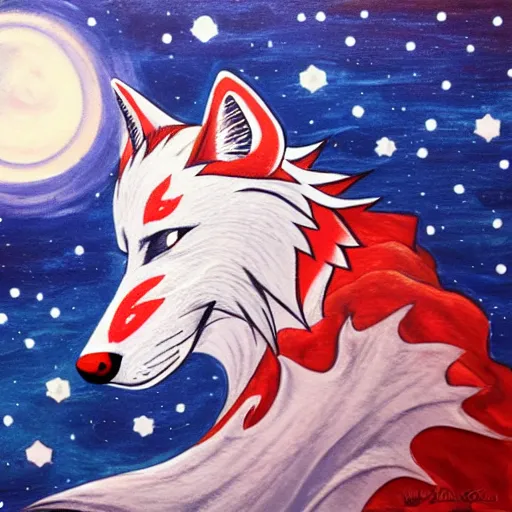 Image similar to okami white wolf with red tattoos resting under a sky full of stars by a deep river, calm, acrylic on canvas, okami, cel shaded, painting, trending on artstation