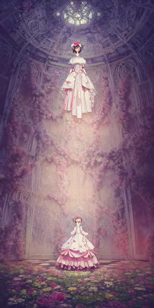 Image similar to the beautiful hyperdetailed physical rendering of a single rose wedding gothic lolita dress clothing design display in exhibition hall, perfectly shaded, atmospheric lighting, in the style of makoto shinkai victo ngai and peter mohrbacher studio ghibli artgerm karol bak beeple, surrealistic style, 8 k hd, 3 drender