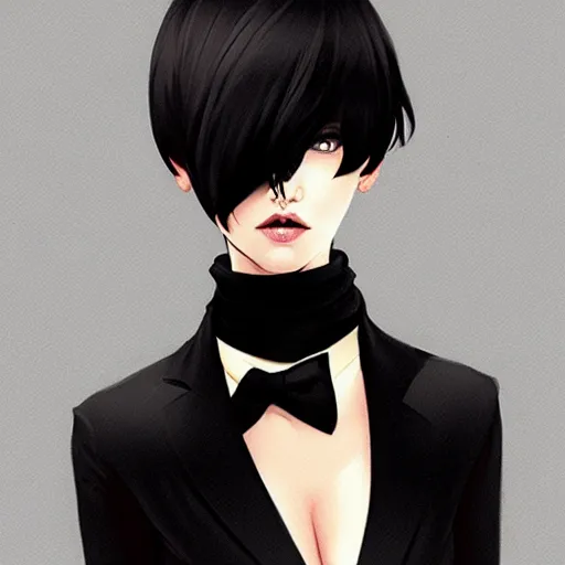 Image similar to slim girl in tuxedo with short black hair, elegant, 2d, ultra highly detailed, digital painting, smooth, sharp focus, artstation, art by Ilya Kuvshinov