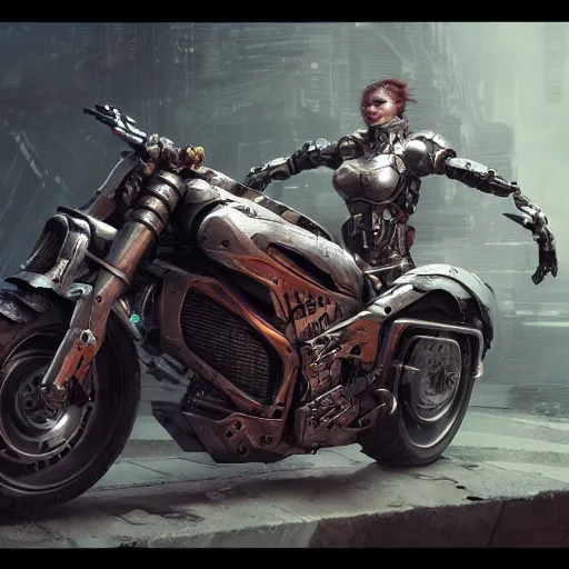 Image similar to battle motorcycle, cyberpunk, kinetic armor, hyper detailed, digital art, trending in artstation, cinematic lighting, smooth render, unreal engine 5 render, octane render, art style by akira and klimt and nixeu and ian sprigger and wlop and krenz cushart