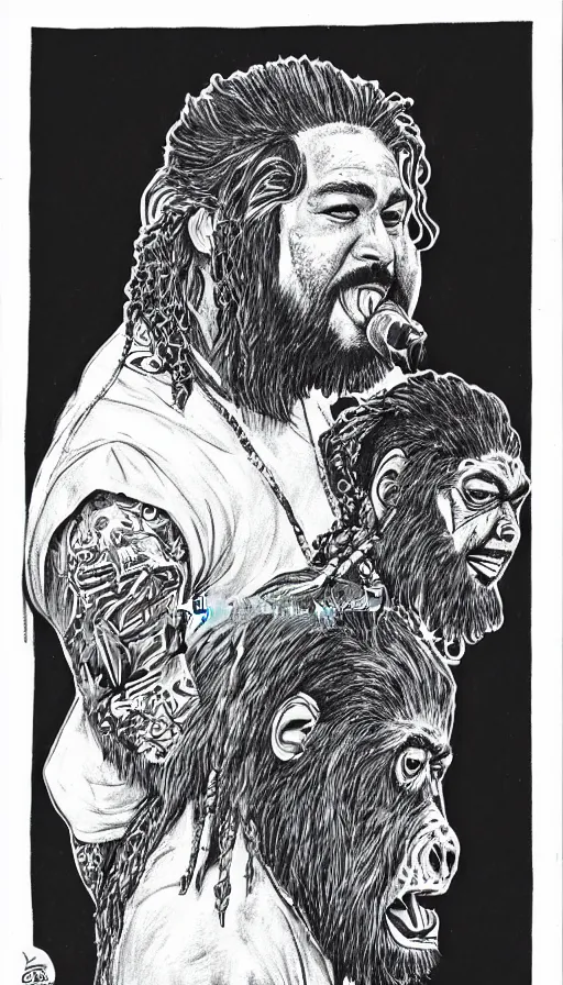 Prompt: ball pen illustration of Post Malone with a gorilla on his back