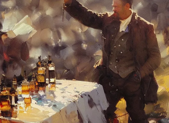 Image similar to palette knife, impasto oil painting of whiskey bottle, thick paint brush strokes, art by anders zorn, wonderful masterpiece by greg rutkowski, beautiful cinematic light, american romanticism by greg manchess, creation by tyler edlin