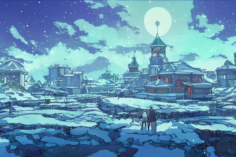 Image similar to cell shaded anime key visual of a fantasy city in the tundra, snowy, in the style of studio ghibli, moebius, makoto shinkai, dramatic lighting