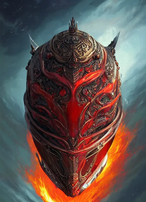 Image similar to highly detailed portrait of knight's helmet reflecting red dragon reflection detailed, 8 k blocking flames fire, green eyes, fantasy art by by simon bisley, loish, rhads, ferdinand knab, makoto shinkai and lois van baarle, ilya kuvshinov, rossdraws, tom bagshaw, global illumination, radiant light, detailed and intricate environment