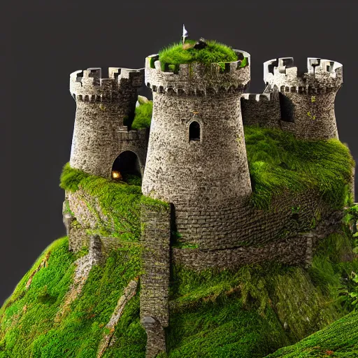 Image similar to minature castle on a rock, mossy, octane render, 4 k, macro photography, detailed medieval castle