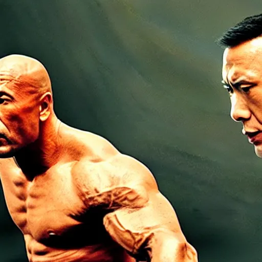 Image similar to film still of dwayne johnson as ip man, pose wing chun style