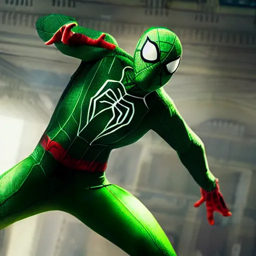 Image similar to green spider - man suit with black web lining, cinematic, volumetric lighting, realistic, hyperdetailed, photorealistic, photograph