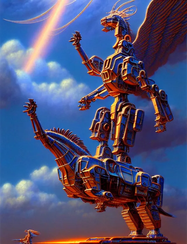 Prompt: a giant statue pegasus mecha, heavenly light, in the clouds, tim hildebrandt, wayne barlowe, bruce pennington, donato giancola, trending on artstation, cinematic composition, beautiful lighting, hyper detailed, 8 k, oil on canvas