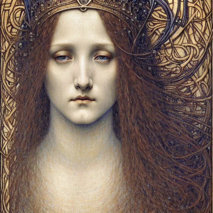 Image similar to detailed realistic beautiful young medieval queen face portrait by jean delville, gustave dore and marco mazzoni, art nouveau, symbolist, visionary, gothic, pre - raphaelite. horizontal symmetry