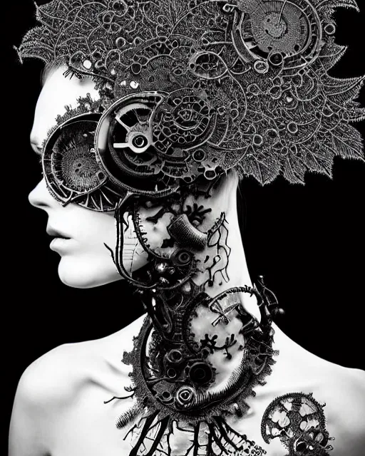 Prompt: surreal dark poetic black and white photo portrait of complex bio-mechanical beautiful young silver female vegetal-cyborg with a Mandelbrot fractal steampunk metal fine lace face, a very long neck and a fine metal floral foliage super big lace collar by Vivienne Westwood:: smoke, high fashion, haute couture, rococo, steampunk, avant-garde, silver filigree details, anatomical, facial muscles, cable wires, microchip, elegant, dreamy, foggy atmosphere, hyper realistic, 150 mm lens, soft rim light, octane render, unreal engine, picture was taken in 1910 by Man Ray, volumetric lighting, dramatic light,8k,