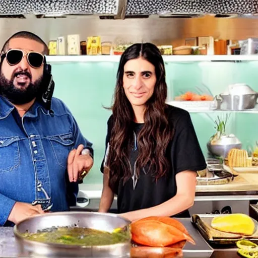 Image similar to hila klein from the h 3 podcast and dj khaled on an episode of hell's kitchen