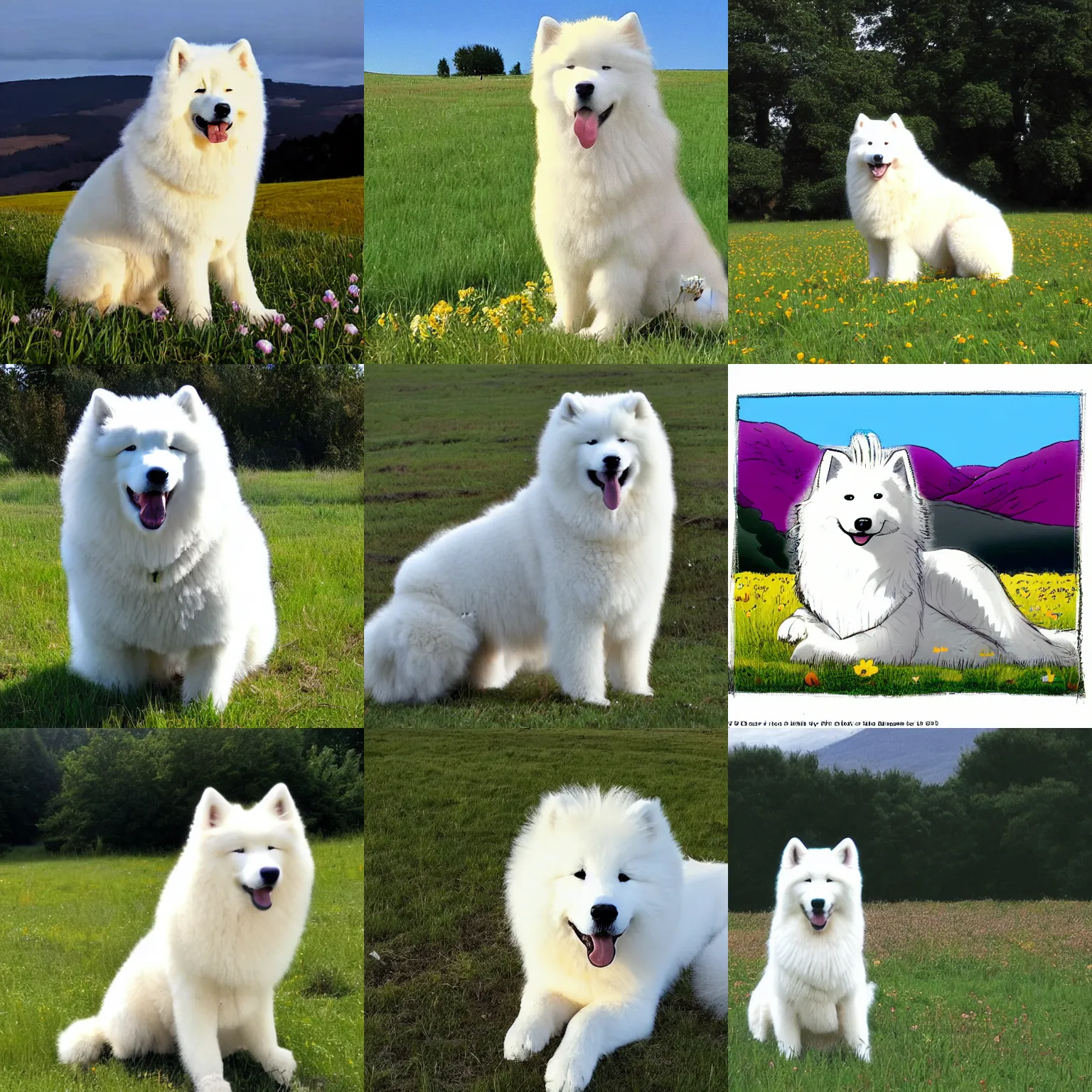 Prompt: a samoyed dog sitting in the middle of sunny meadow, by Dave Gibbons