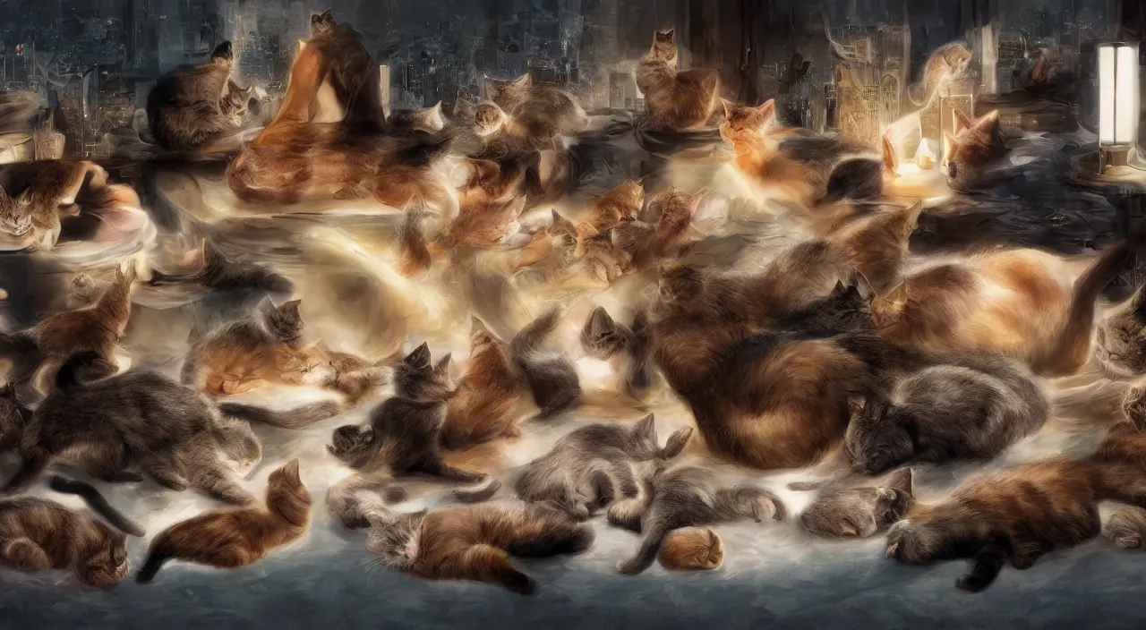 Prompt: a matte painting of a cat lady laying on a floor surrounded by 20 cats by Frank Lloyd Wright and Zaha Hadid torch volume light stylized illustration digital airbrush painting, 3d rim light, hyperrealistic masterpiece, artstation, cgsociety, kodakchrome, golden ratio