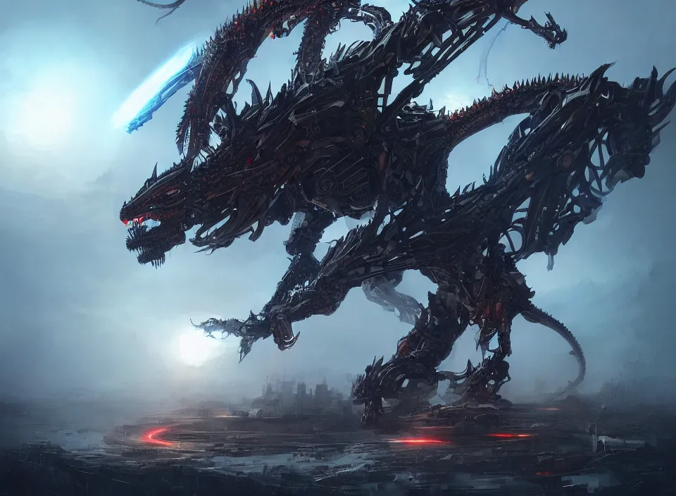 Image similar to the giant mechanical dragon roars, aura of light, artificial intelligence, scifi, futuristic, highly detailed, trending on artstation, advanced technology, art by vitaly bulgarov and nivanh chanthara and lance wilkinson