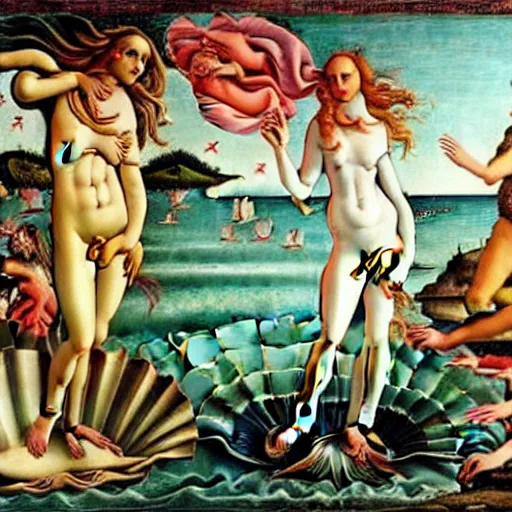 Prompt: birth of venus all people are frogs in the style botticelli, 8 k, oil painting,