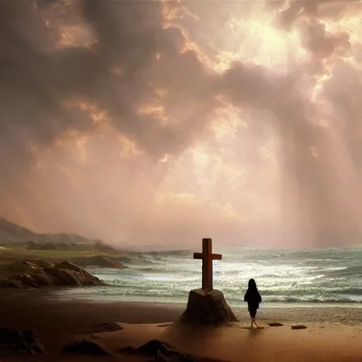 Prompt: a highly detailed render of a large cross standing on the beach as a storm comes in with the tide, woman sitting in the sand watching the ocean, epic fantasy, god rays, aerial photography, unreal engine, volumetric lighting, octane render, exquisite detail, 8 k, art by albert bierstadt and greg rutkowski and thomas moran and alphonse mucha