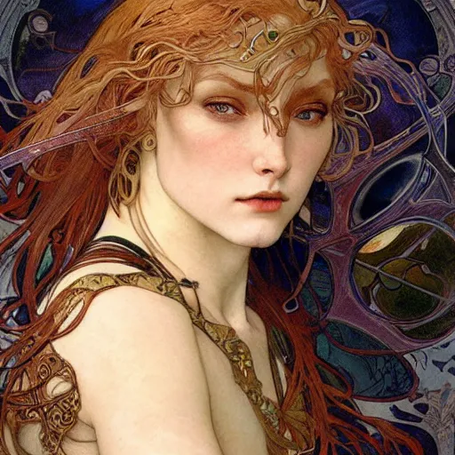 Prompt: realistic detailed face portrait of a female warrior with water based superpowers by Alphonse Mucha, Ayami Kojima, Amano, Charlie Bowater, Karol Bak, Greg Hildebrandt, Jean Delville, and Mark Brooks, Art Nouveau, Neo-Gothic, gothic, playing cards, rich deep moody colors that are related to water