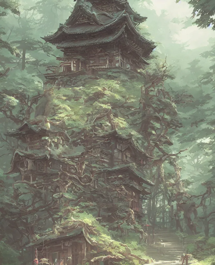 Image similar to concept art by sylvain sarrailh of a funny haunted japan temple in a forest