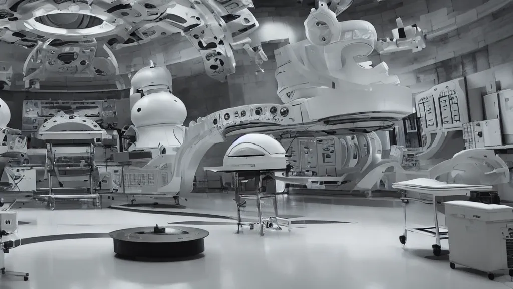 Image similar to a huge octo mri machine and control panels in the inspection room, film still from the movie directed by denis villeneuve with art direction by salvador dali, wide lens