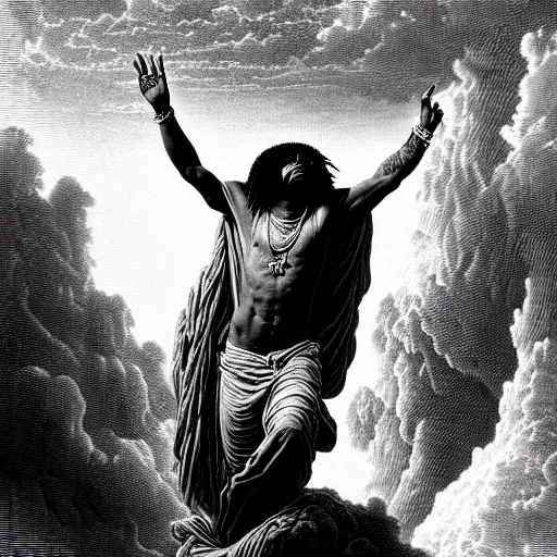 Image similar to cheef keef ascending into heaven holding double cup of lean, biblical image, style of gustave dore, highly detailed, beautiful, high contrast, black and white