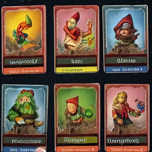 Image similar to garden gnome trading cards. magical attributes, spells, strengths and weakness, points, intricate borders, trading card style