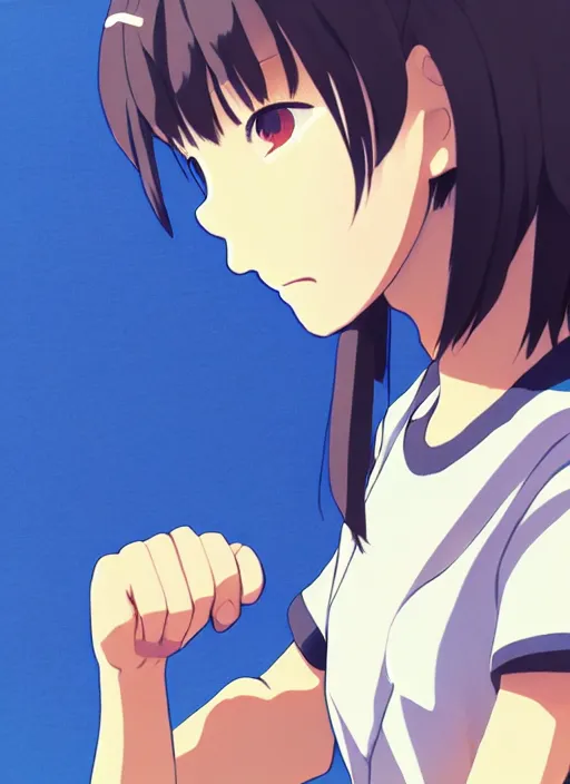 Image similar to portrait of high school runner girl, sunny sky background stadium landscape illustration concept art anime key visual trending pixiv fanbox by wlop and greg rutkowski and makoto shinkai and studio ghibli and kyoto animation symmetrical facial features short hair sports clothing marathon race nike shirt