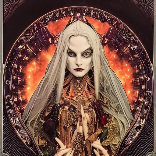 Image similar to portrait of demon evil witch queen made with porcelain by Jeff Easley and Peter Elson + beautiful eyes, beautiful face + symmetry face + border and embellishments inspiried by alphonse mucha, fractals in the background, galaxy + baroque, gothic, surreal + highly detailed, intricate complexity, epic composition, magical atmosphere + masterpiece, award winning + trending on artstation