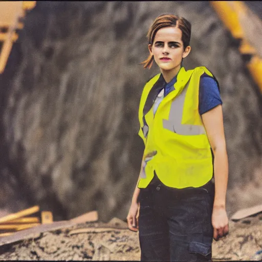 Prompt: photo, close up, emma watson in a hi vis vest, inside coal mine, portrait, kodak gold 2 0 0,