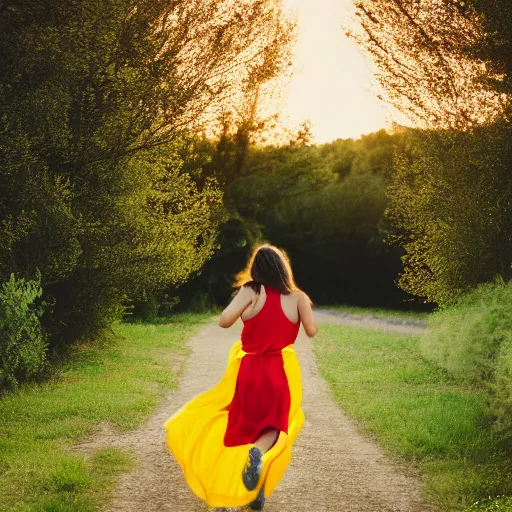 Image similar to A girl runs to the center of the frame in a yellow sundress, a red elastic band for her hair, a full-length profile, a night photo, a barn and bushes with trees in the background, realistic photo, 8k, 35 mm