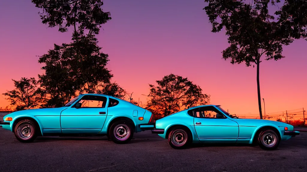 Prompt: neon synthwave 1 9 7 5 datsun 2 6 0 z at sunset, 8 k. filling most of the view