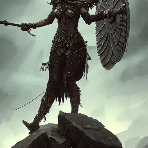 Image similar to valkyrie standing triumphantly atop a pile of bones, epic fantasy, insane details, illustration, artstation, intricate, sharp focus, elegant, concept art