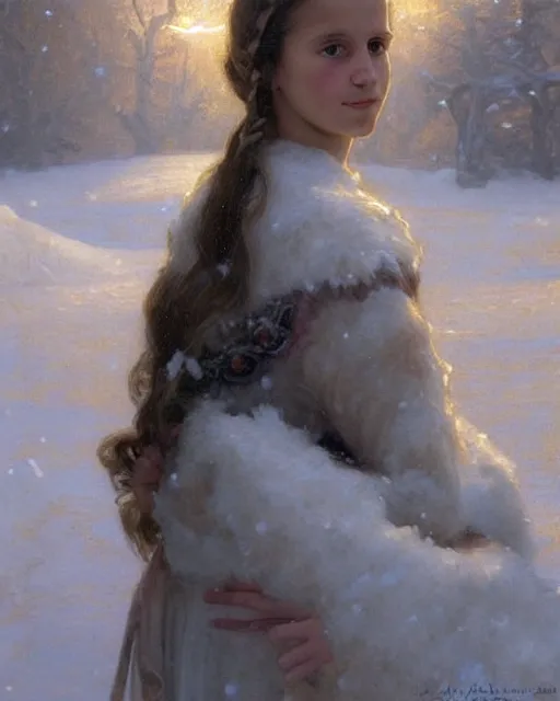 Image similar to a portrait painting of a shy, blushing 1 6 - year old alicia vikander or millie bobby brown as a princess of the ice and snow, in a snowy setting at night, intricate, elegant, highly detailed, artstation, concept art, by krenz cushart and donato giancola and william adolph bouguereau and alphonse mucha