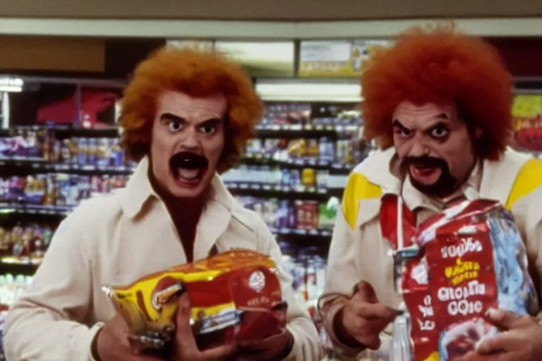 Image similar to a still ronald mcdonald shoplifting from a grocery store in the tv show the a - team, vcr recording