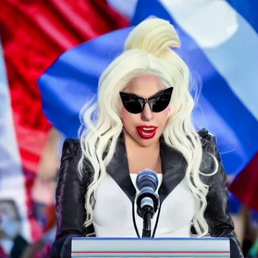 Image similar to Lady Gaga as president, Argentina presidential rally, Argentine flags behind, bokeh, giving a speech, detailed face, Argentina