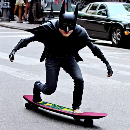 Prompt: Batguy, cheap knockoff of batman, riding his batskateboard in new york