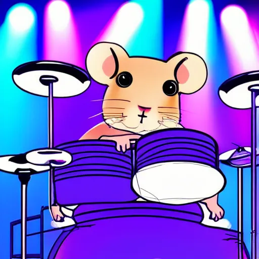 Image similar to a hamster playing drums on a stage in a small club, red and blue stagelights, photorealistic