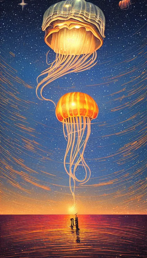 Image similar to Jellyfish floating in starlit sunset sky, italian futurism, Dan Mumford, da vinci, Josan Gonzalez