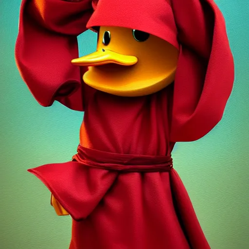 Prompt: cute duck, wearing cultist red robe, doing witchcraft, expressive oil painting, digital art, octane render