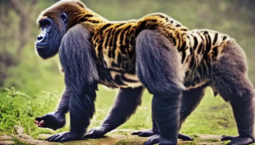 Image similar to a gorilla tiger!!! hybrid! hyper realistic!! realistic lighting!! wildlife photographer of the year!!! bold natural colors, national geographic, hd, wide angle, 8 k