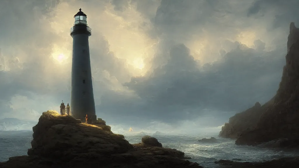 Image similar to lighthouse in the cave, andreas achenbach, artgerm, mikko lagerstedt, zack snyder, tokujin yoshioka