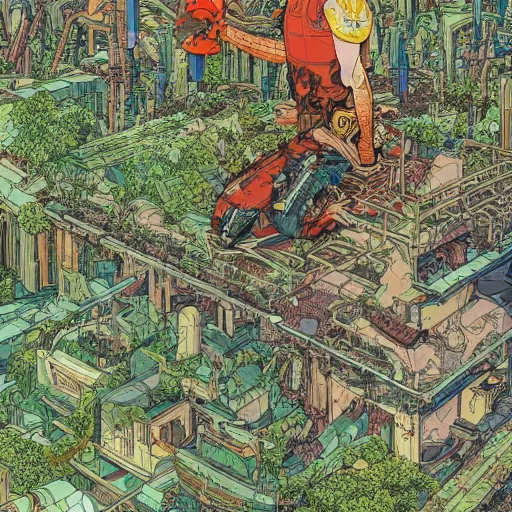 Prompt: hyper detailed comic illustration of a young male explorer wearing a cyberpunk headpiece sitting by a ruin in a dense and lush forest, by Josan Gonzalez and Geof Darrow, aerial view, highly detailed, 8k wallpaper