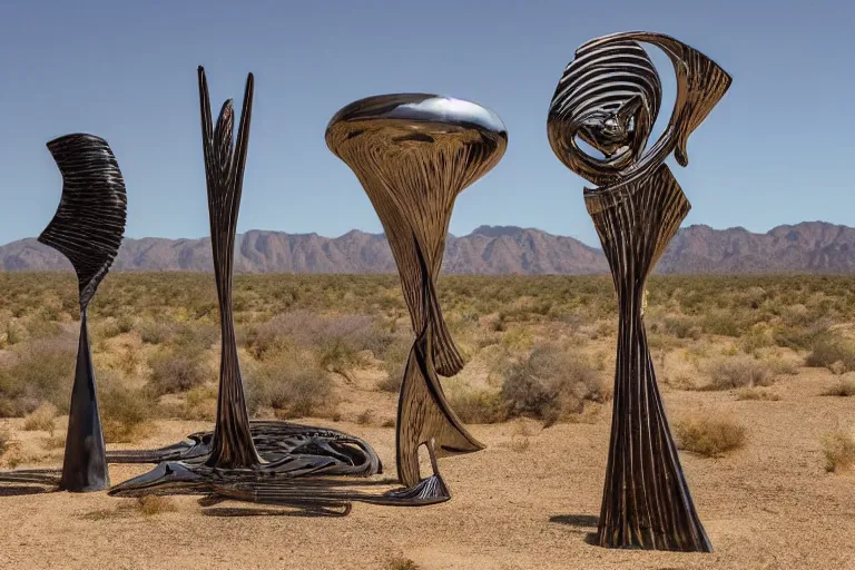 Image similar to surrealist metal sculptures by max ernst in a california desert landscape