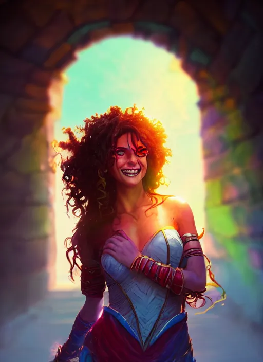 Image similar to an epic fantasy comic book style portrait painting of a girl wearing colorful makeup with a smile and curly brown hair stepping out of a doorway with light shining behind her, unreal 5, daz, hyperrealistic, octane render, cosplay, rpg portrait, dynamic lighting