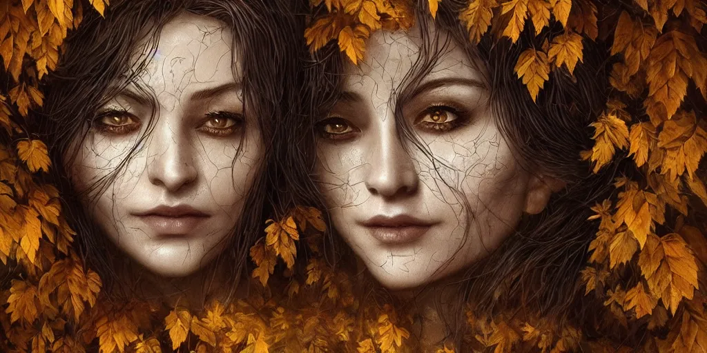 Image similar to golden leaves at frame border, creative!!! composition for a book cover!!!, absurdly beautiful, ultrafine hyperrealistic detailed old witch face by wlop and artgerm and greg rutkowski, intricate linework, sharp focus, smooth, octopath traveler, final fantasy, unreal engine, dramatic lighting, ethereal, 8 k